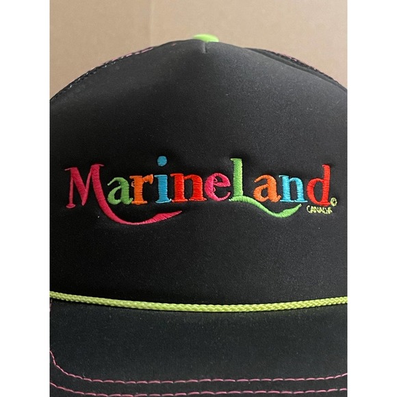 Vintage Marine Land Canada‎ Trucker Hat Cap Snapback Mesh Black 3 Stripe Rope - Picture 2 of 7